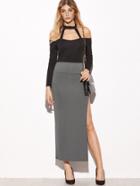 Romwe Grey Elastic Waist Slit One Side Skirt