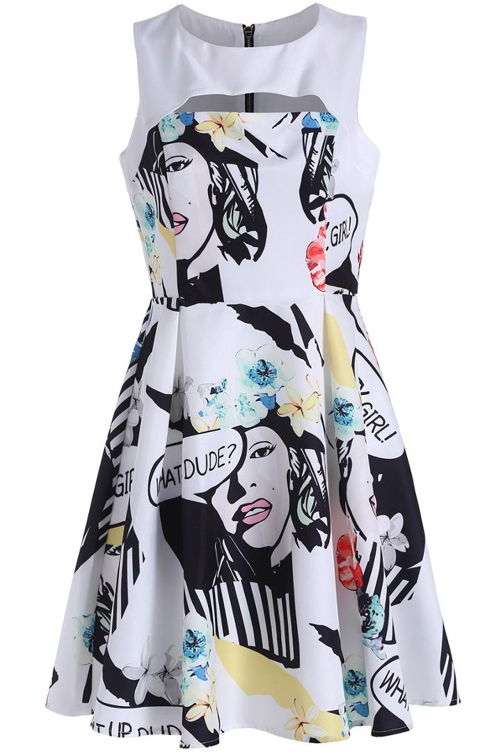 Romwe Beauty Print Hollow Flare Dress