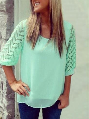 Romwe Elbow Sleeve Scoop Back Chiffon Blouse