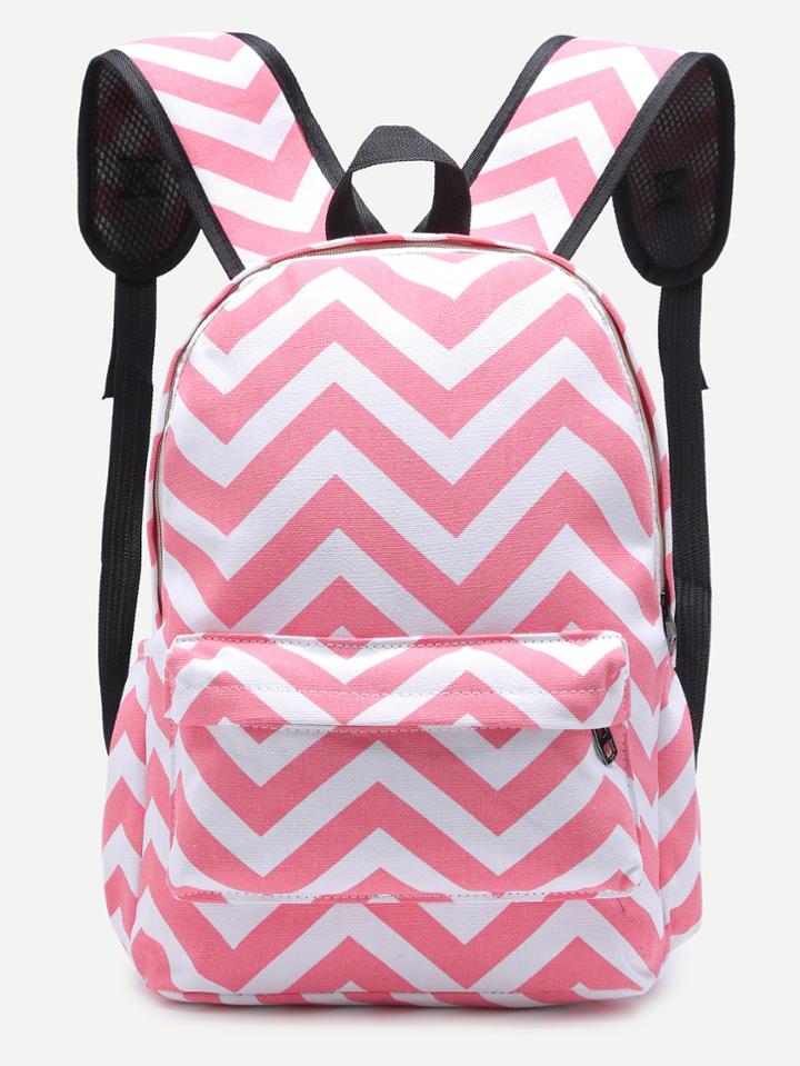 Romwe Pink Chevron Front Pocket Canvas Backpack