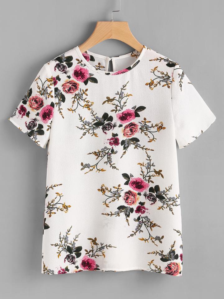 Romwe Button Closure Back Floral Print Top