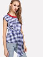 Romwe Contrast Neck Belted Gingham Top