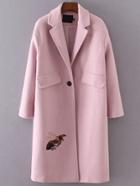 Romwe Pink Bee Embroidery Single Button Coat With Pocket