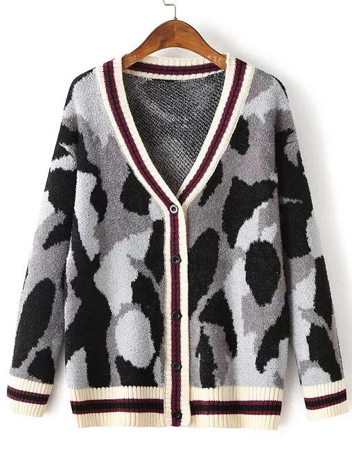 Romwe Grey Leopard Print Striped Trim Buttons Front Sweater Coat