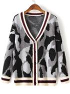 Romwe Grey Leopard Print Striped Trim Buttons Front Sweater Coat
