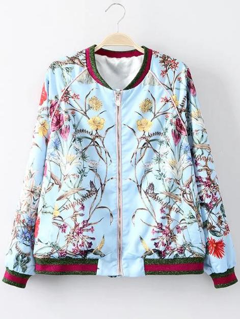 Romwe Blue Rib-knit Cuff Printed Zipper Jacket