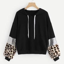 Romwe Drop Shoulder Leopard Print Drawstring Hoodie
