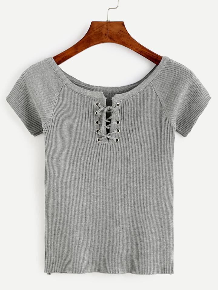 Romwe Heather Grey Eyelet Lace Up Ribbed T-shirt