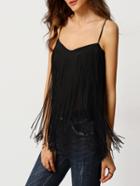 Romwe Black Spaghetti Strap Tassel Chiffon Cami Top