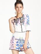 Romwe Half Sleeve Contrast Trims Floral Jumpsuit