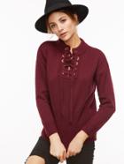 Romwe Burgundy Drop Shoulder Eyelet Lace Up Sweater