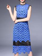 Romwe Blue Backless Crochet Hollow Out Dress