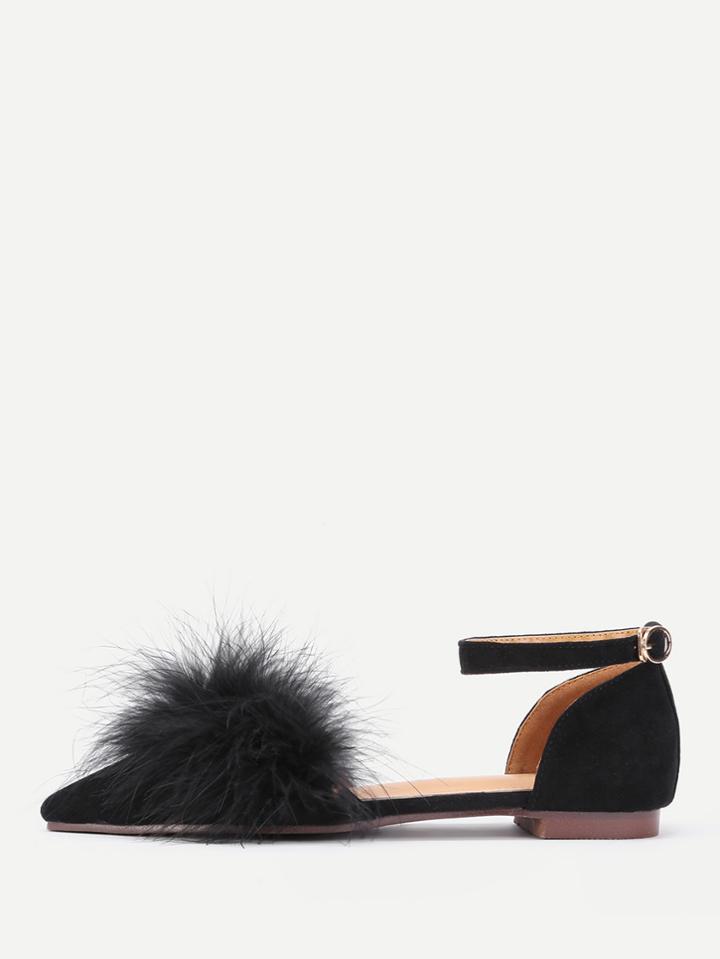 Romwe Faux Fur Decorated Ankle Strap Flats