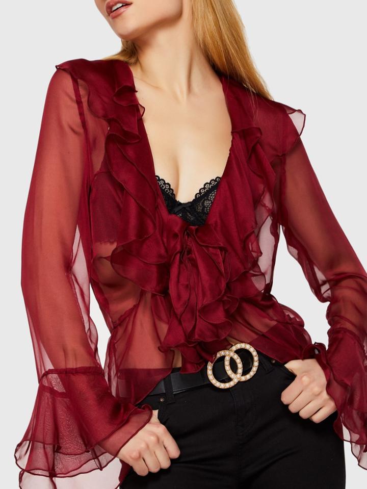 Romwe Trumpet Sleeve Tiered Ruffle Sheer Top