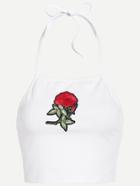 Romwe White Embroidered Applique Crop Halter Top