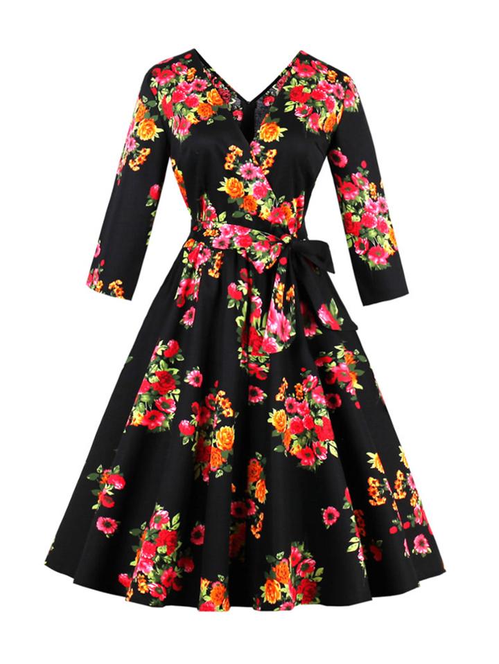 Romwe Surplice Neckline Self Tie Random Florals Circle Dress