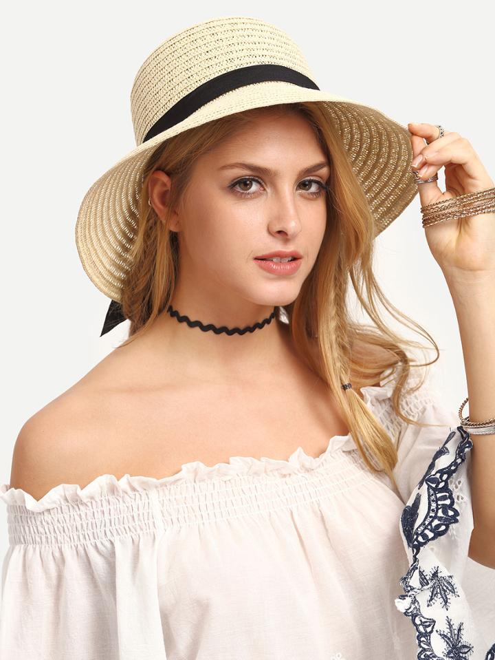 Romwe Ribbon Accent Classic Straw Hat