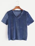 Romwe Blue V Neck Velvet T-shirt
