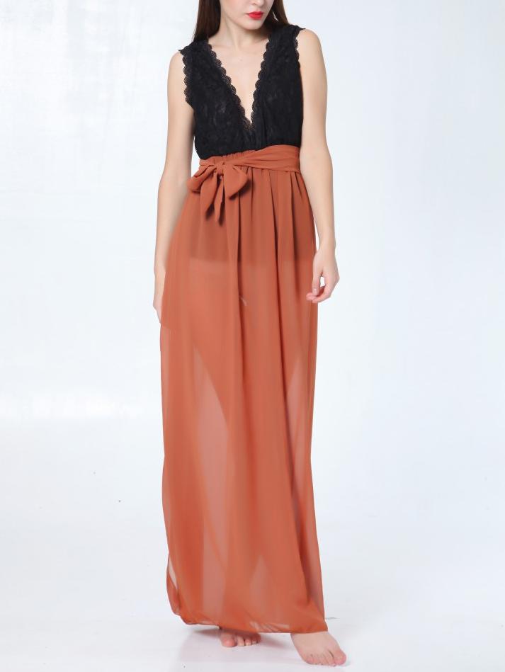 Romwe Deep V Neck Contrast Lace Belt Chiffon Dress