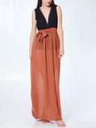 Romwe Deep V Neck Contrast Lace Belt Chiffon Dress
