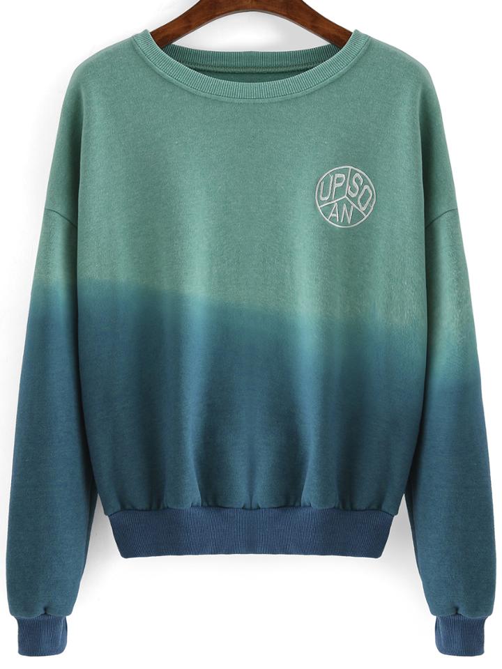 Romwe Green Blue Ombre Round Neck Crop Sweatshirt