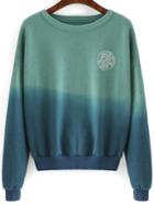 Romwe Green Blue Ombre Round Neck Crop Sweatshirt