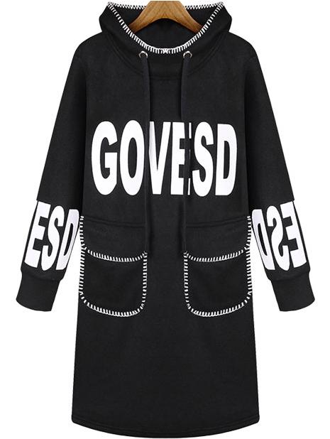 Romwe Black Letter Print Pocket Drawstring Hooded Sweatshirt