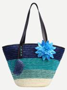 Romwe Blue Ombre Flower Embellished Straw Shopper Bag
