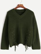 Romwe Army Green V Neck Lace Up Front Sweater