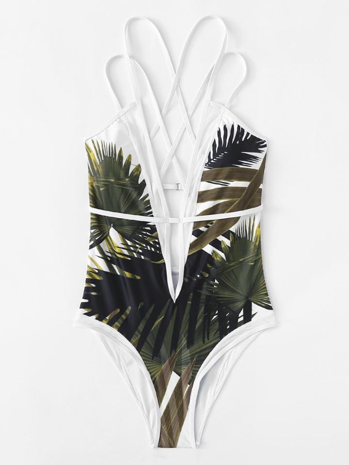 Romwe Jungle Print Criss Cross Swimsuit