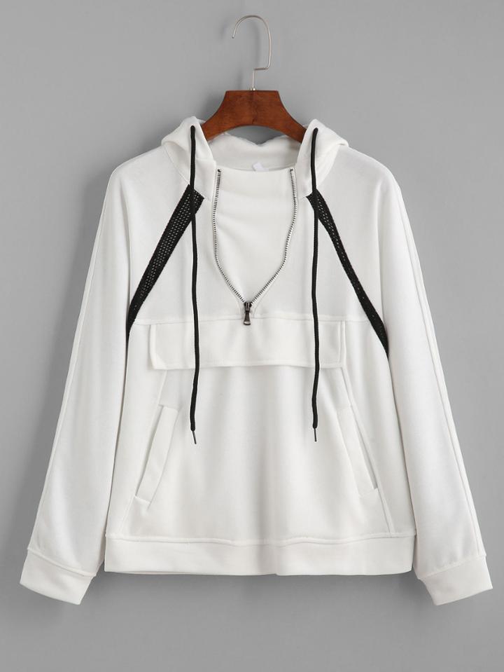 Romwe White Raglan Sleeve Contrast Tape Zip Hooded Sweatshirt