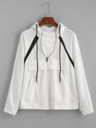 Romwe White Raglan Sleeve Contrast Tape Zip Hooded Sweatshirt
