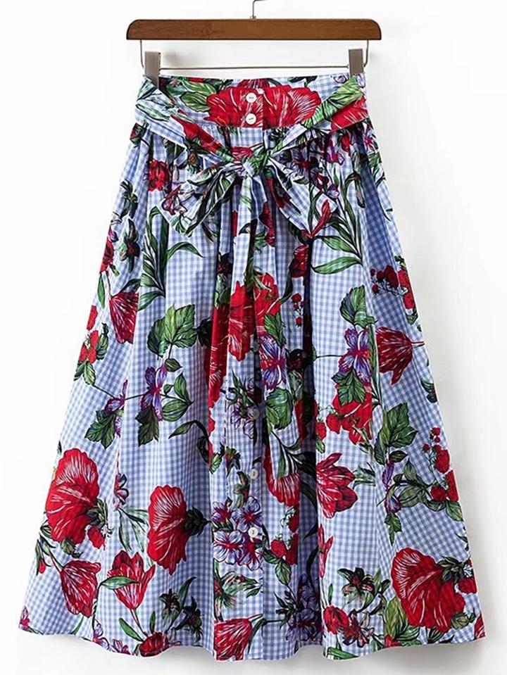 Romwe Tie Waist Grid A Line Skirt