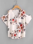 Romwe V Neckline Open Shoulder Calico Print Top
