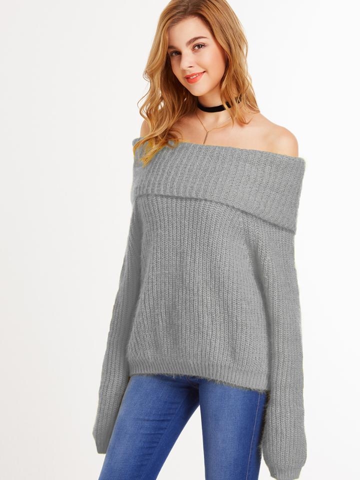 Romwe Grey Off The Shoulder Fold Over Loose Sweater