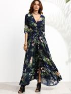 Romwe Calico Print Plunge Neck Button Front Maxi Dress