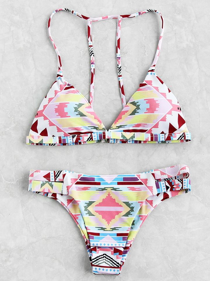 Romwe Graphic Print Side Cutout Triangle Bikini Set