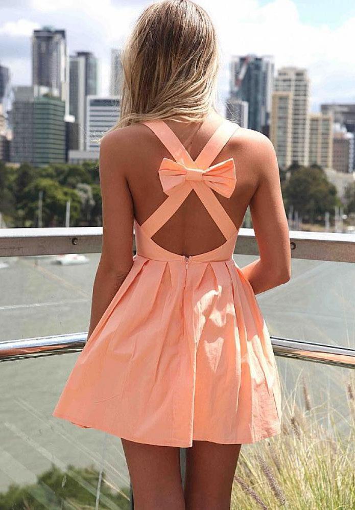 Romwe Pink Criss Cross Back Bow Pleated Dress