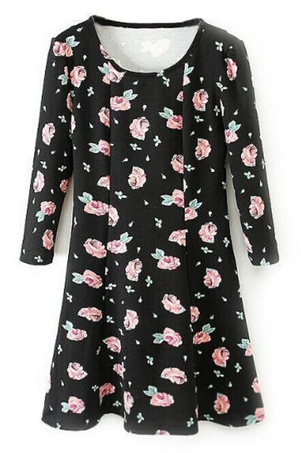 Romwe Floral Print Pleated Slim Dress