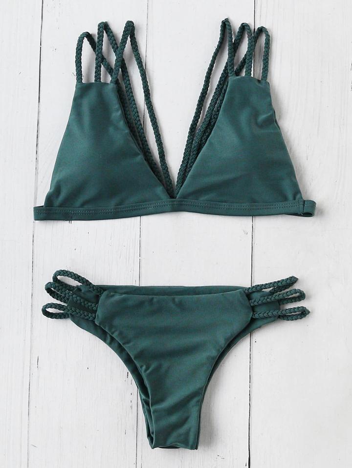 Romwe Braided Detail Strappy Back Triangle Bikini Set
