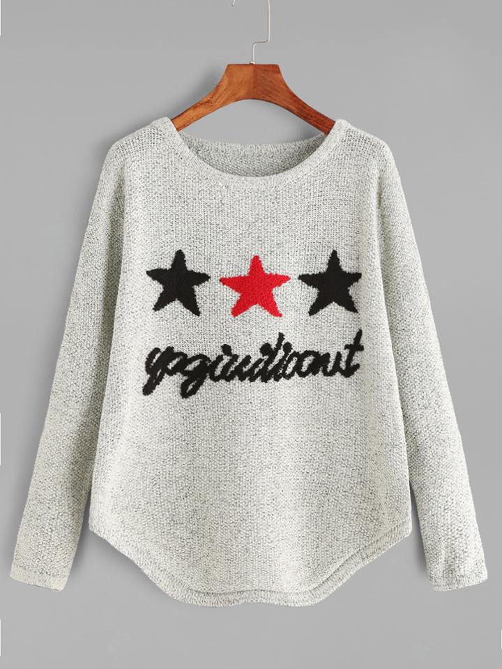 Romwe Heather Grey Stars Letter Pattern Curved Hem Sweater