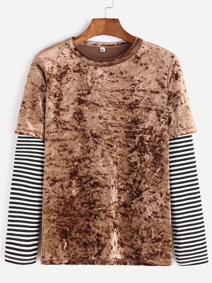Romwe Brown Stripped Contrast Sleeve Velvet T-shirt