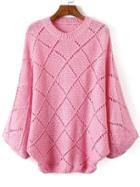 Romwe Bat Sleeve Open-knit Diamond Pink Sweater