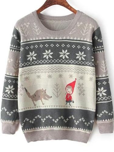 Romwe Round Neck Cartton Print Grey Sweater