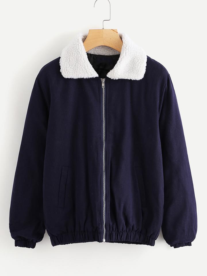 Romwe Sherpa Neck Zip Up Jacket