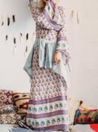 Romwe Bell Sleeve Open Back Tribal Print Dress