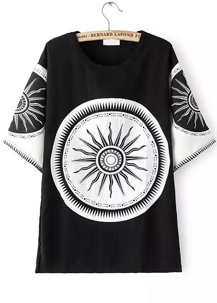 Romwe Sun Print Vintage Black T-shirt