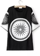 Romwe Sun Print Vintage Black T-shirt