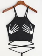 Romwe Skeleton Hand Print Lace Up Cami Top