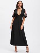 Romwe Embroidered Flower Patch Flutter Sleeve Plunging Dress